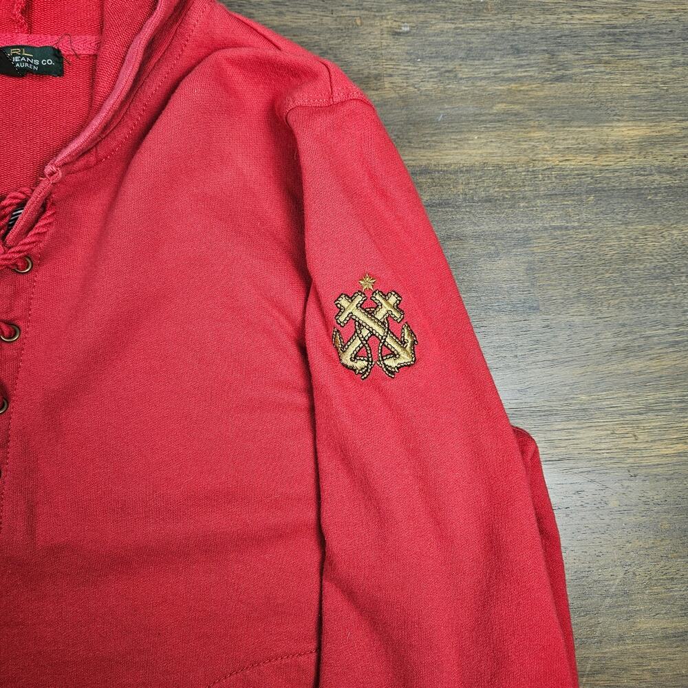 Lauren Ralph Lauren Lace Up Hoodie XL Red Nautical Crest‎ Cotton Sweatshirt - Picture 5 of 7